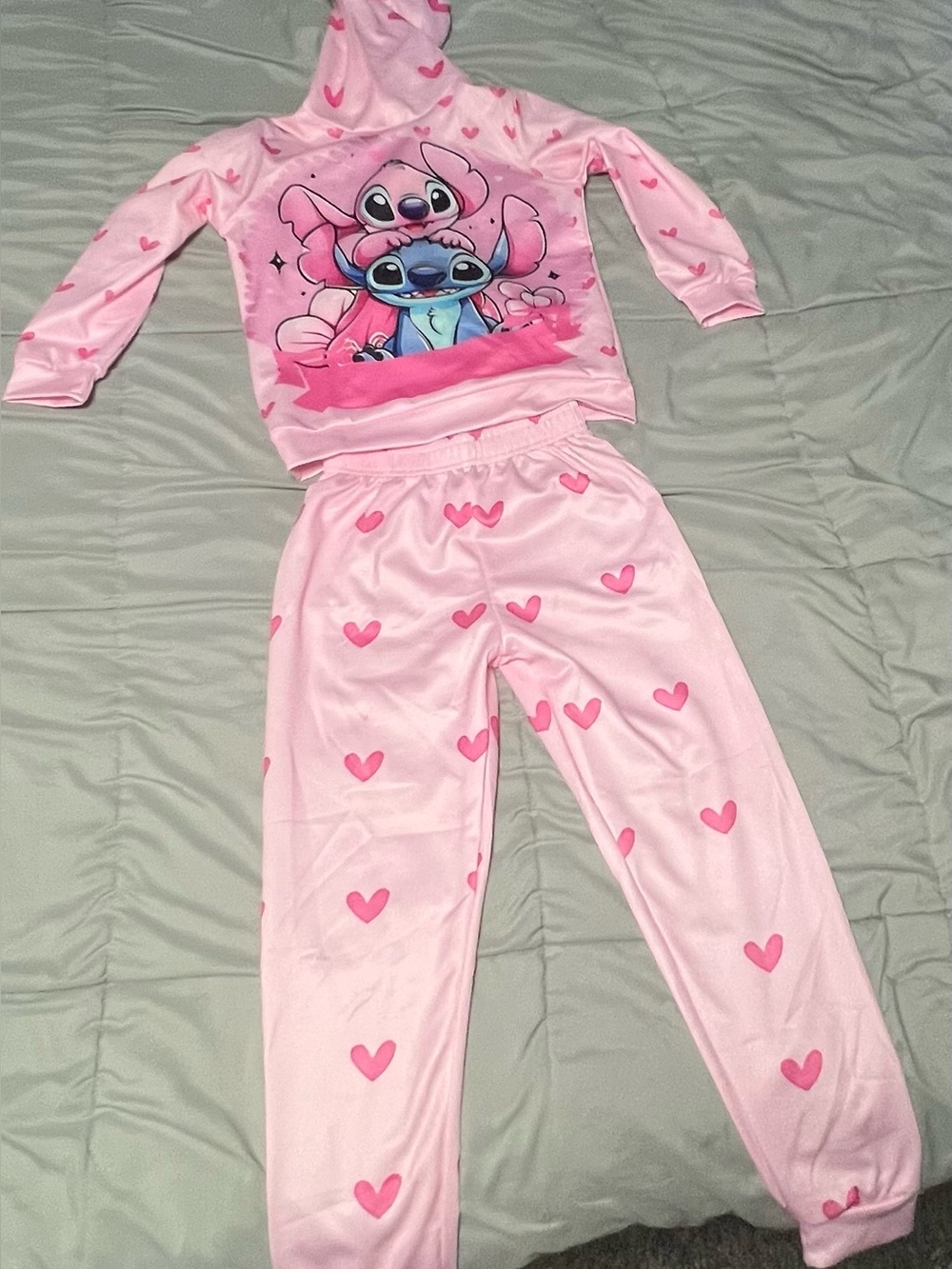 Pink Cartoon Heart Kids Pajama Set with Hood